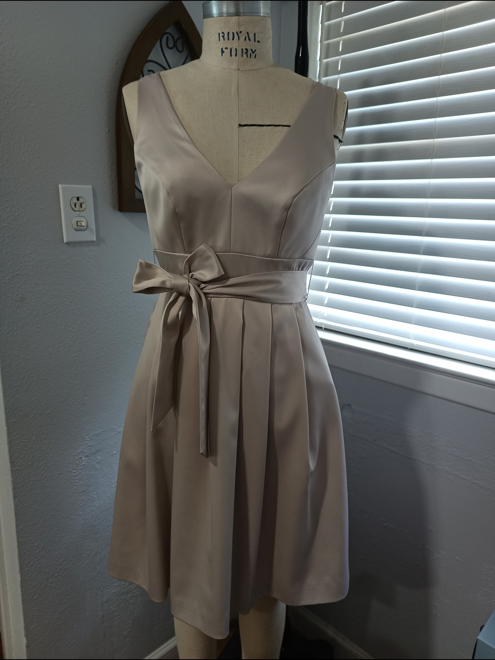 White House Black Market Taupe Satin V-Neck Fit & Flare Dress